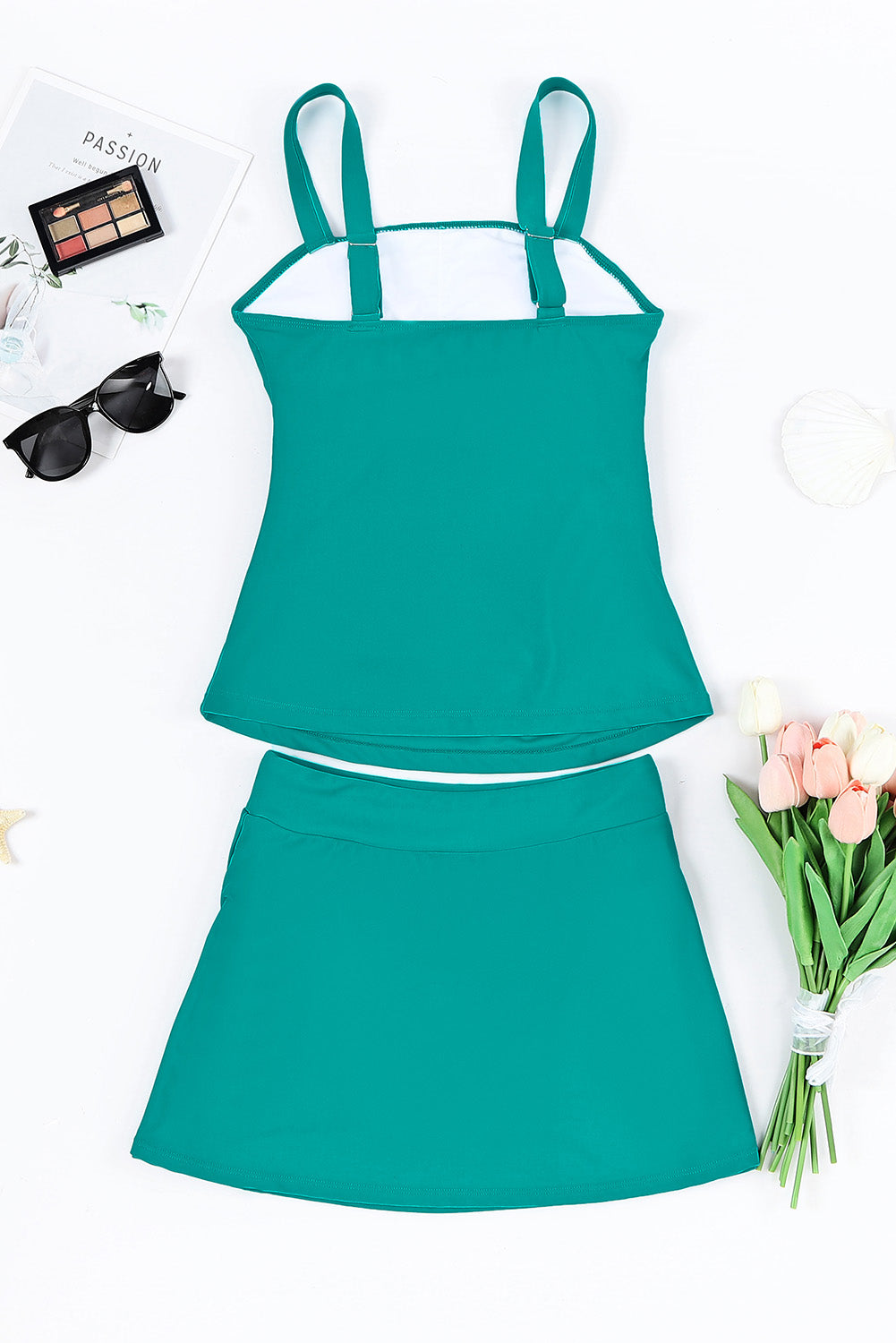 Black Solid Square Neck Sleeveless Tankini Swimsuit